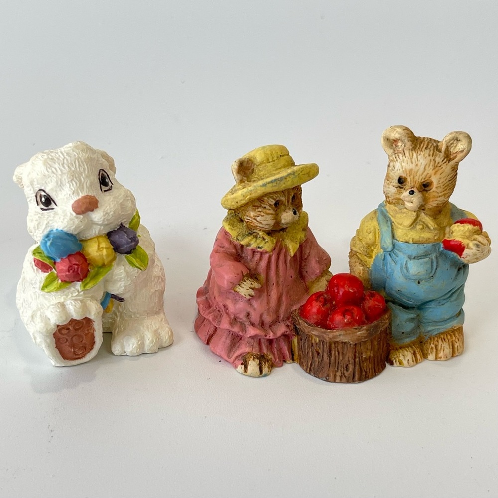 Whimsical Knickknacks Porcelain Miniature Bunny and Bears Retro Decor Figurines